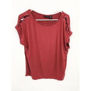Tahari Rust Drawstring Shoulders Jersey Short Sleeve Top Size L